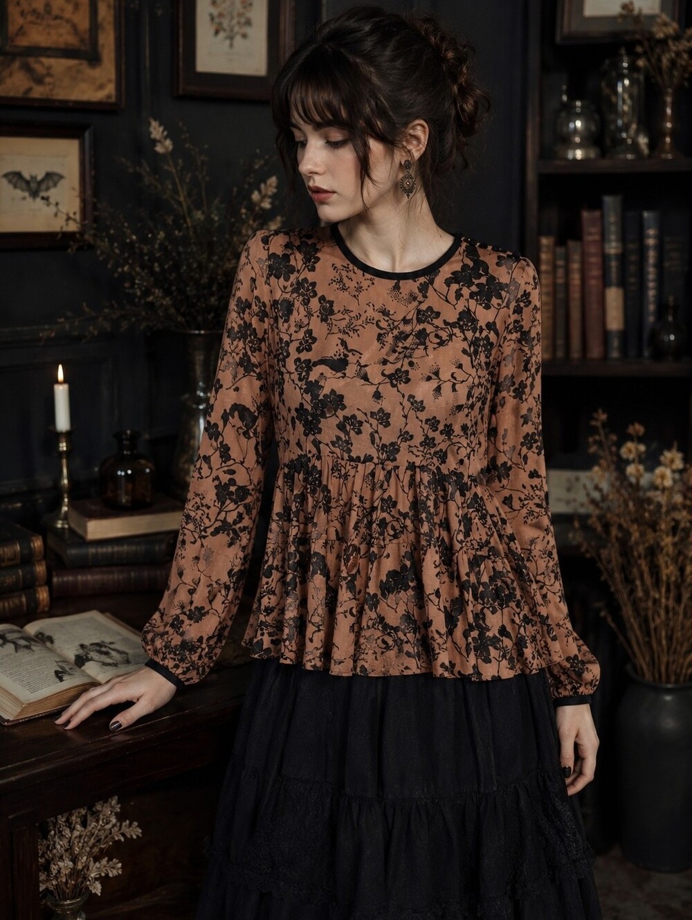 Kimchi Blue Floral Peplum Blouse Tan Black Whimsigoth Sheer Babydoll Top Medium